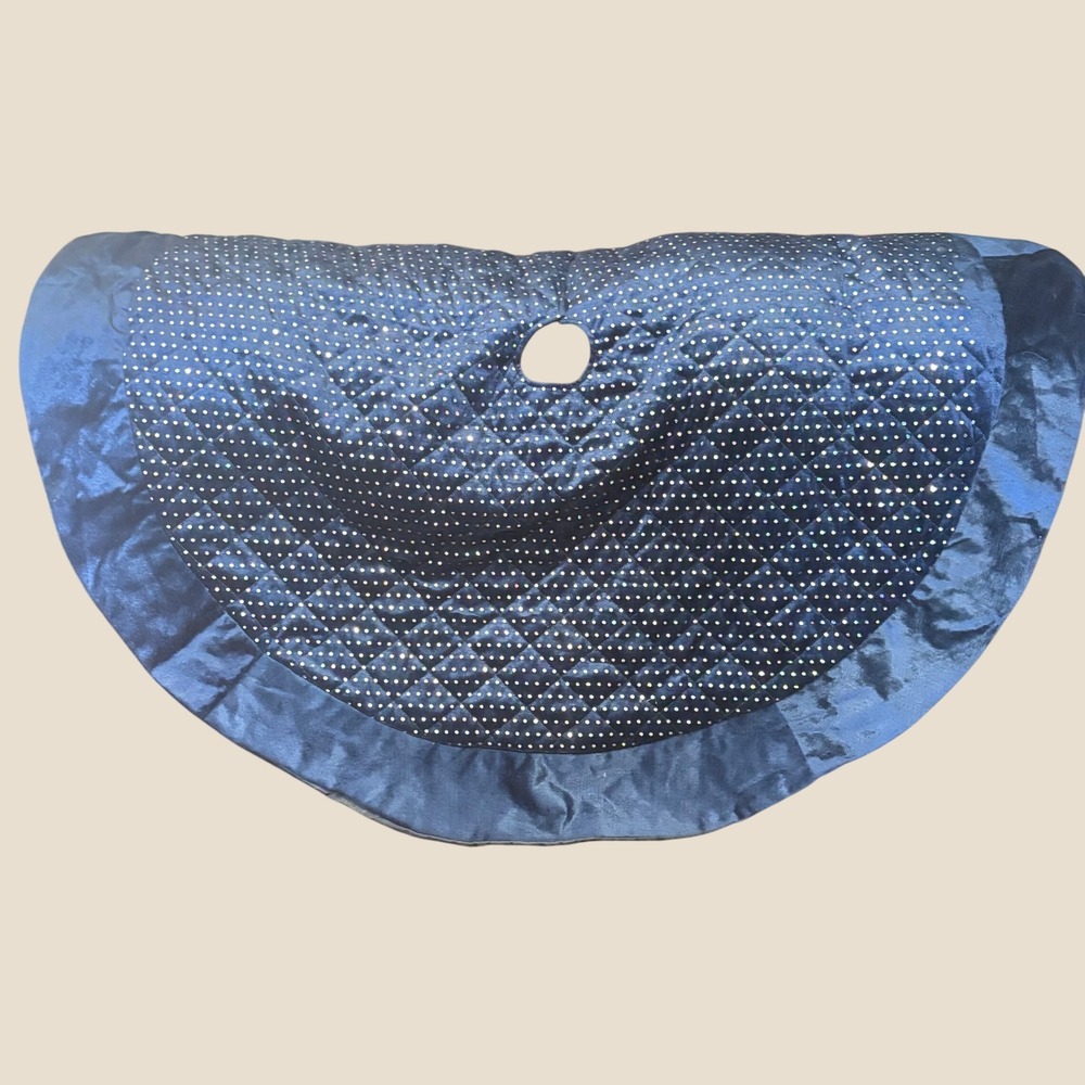 Tree Skirt Navy Blue Velvet Quilted Holographic Sequin 44 Inch Sparkle Christmas